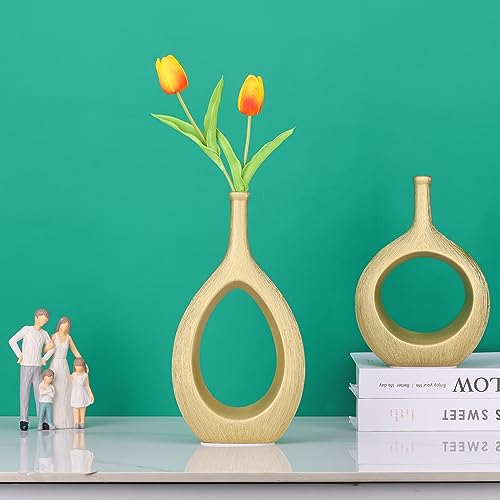 LCCCK Matte Gold Ceramic Vase Set of 2 - Ribbed Hollow Aesthetic Decorative Vase, Modern Farmhouse Table Centerpiece, Boho...