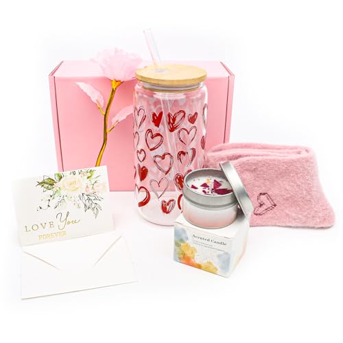 Valentines Day Gifts for Girlfriend 6 PCS Romantic Set with 16 OZ Glass Warm Socks Scented Candles Fake Rose Love Card and...