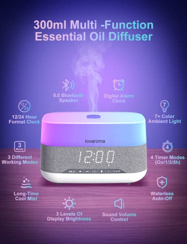 Versatile Essential Oil Diffuser, 300ml Aroma Diffuser with Bluetooth Speaker and Alarm Clock, 7 Colors LED Light Aromathe...