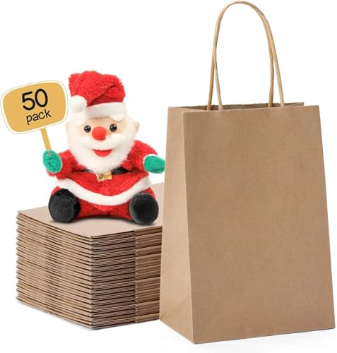 METRONIC Paper Gift Bags 5.25x3.75x8 50Pcs, Christmas Gift Wrap Bags with Handles, Brown Kraft Paper Bag for Small Busines...