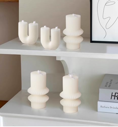 Boho Striped Pillar White Candles, 4.3" Tall Small Decorative Candles for Wedding Decor, Coffee Table, Shelf Styling, Scen...