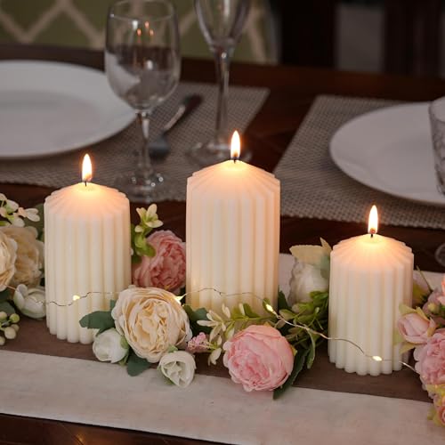 3 Pack White Ribbed Pillar Candles - Soy Wax Unscented, 2.76" x4.2/4.9/5.9 in Smokeless Non Toxic Cotton Wick, Aesthetic M...