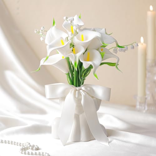 Janinka Artificial Bridesmaid Bouquets Set of 6 Calla Lily Wedding Bouquet Pre-Tied Ivory White Artificial Lily Flowers Br...