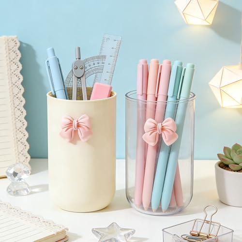 MWRDSM 2 Pack Pen Pencil Holder for Desk, Acrylic Desk Organizer with Bow Clear Makeup Brush Holder Cup Desktop Stationery...
