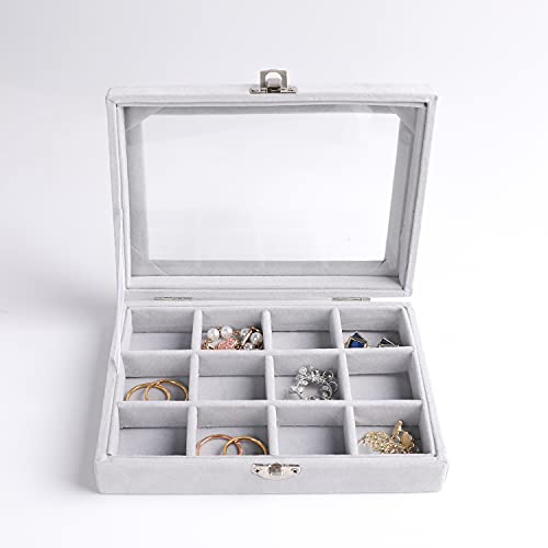 Frebeauty Jewelry Organizer Tray with Clear Lid, 12 Grid Velvet Drawer Insert Storage Box with Transparent Lid Display Cas...
