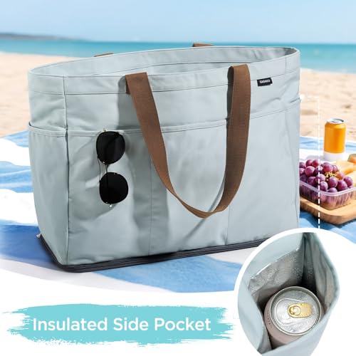 GAGAKU XL Beach Bag with Zipper & Cooler Compartment, Sand-Proof Foldable Large Tote Bag for Cruise, Travel, Family, Women