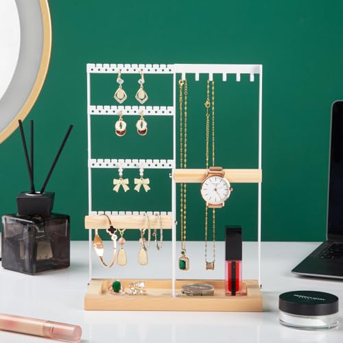 Jewelry Organizer Stand, Jewelry Holder, Lengnoy 4 Tier Earring Holder with 48 Holes and 6 Hooks Necklace Organizer Wood B...