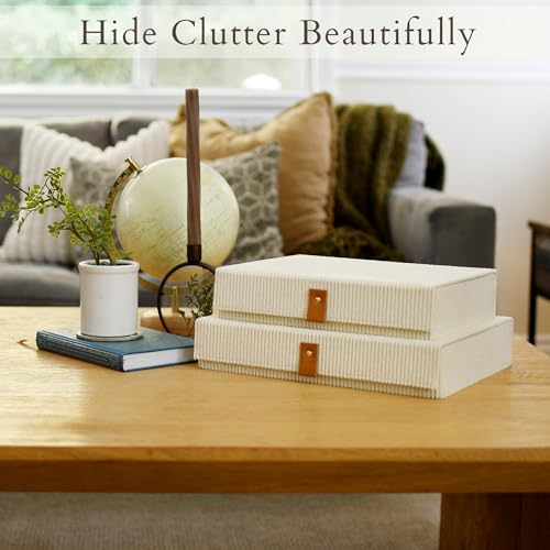 cherish & dwell Beautiful Cozy Corduroy Decorative Storage Boxes with Lids – Set of 2 Keepsake Boxes for Photos, Documents...