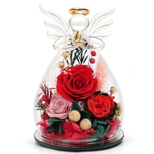Kemiputi Red Preserved Rose Glass Angel Figurine, Romantic Gifts for Wife Girlfriend, Real Forever Flower I Love You Anniv...