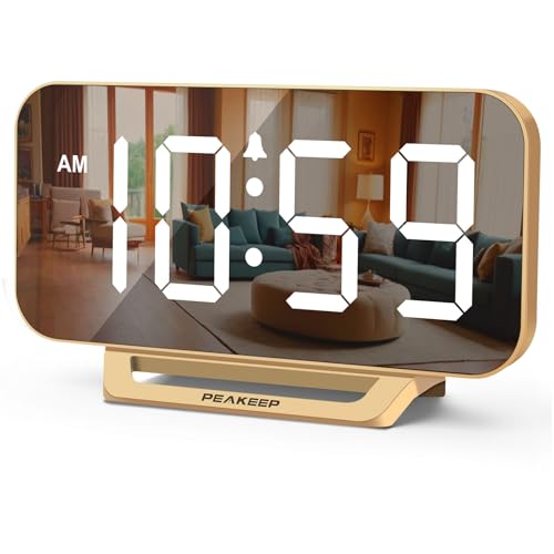 Peakeep Slim Digital Mirror Aesthetic Alarm Clock for Bedrooms Desk Decor - Plug in Electric Big LED Modern Small Clock fo...