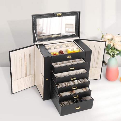 Kendal Extra Large Jewelry Box Jewelry Case PU Leather 6 Tier 5 Drawers Large Storage Capacity with Mirror Jewelry Storage...
