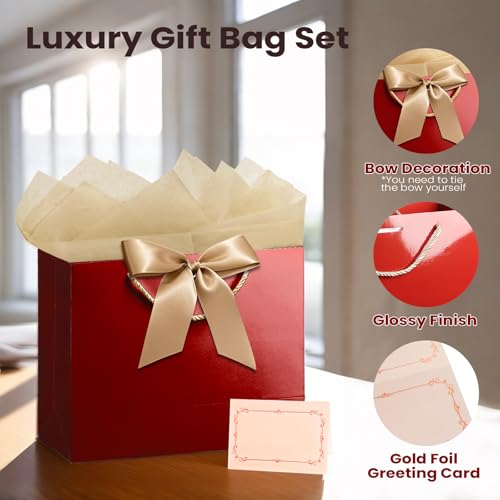 PrintGuru 13” Large Red Gift Bag with Handles, Mother’s Day Gift Bag, Birthday Gift Bag with Tissue Paper and Greeting Car...