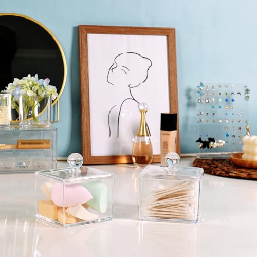 SheeChung 2-Pack Modern Square Acrylic Qtip Holder - Clear Apothecary Jars with Lids - Bathroom Vanity Storage Canister - ...