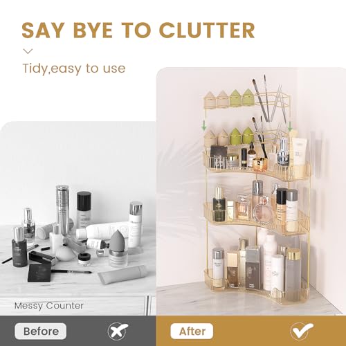 NATURE'S SOURCE Makeup Organizer for Vanity, 3-Tier Corner Bathroom Organizer Countertop with Makeup Brush Holder, Corner ...
