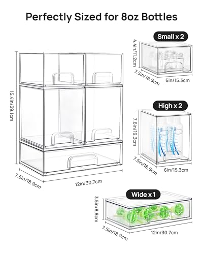 Vtopmart Stackable Storage Drawers Set of 5, Clear Plastic Organizer Bins for Baby Bottle, Beauty Supplies Storage, Ideal ...