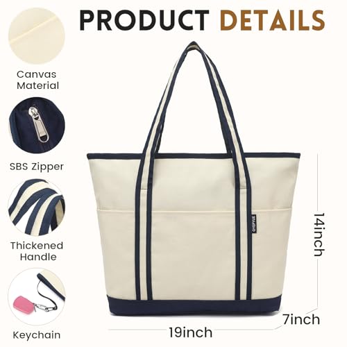 QYEPYUE Large Canvas Tote Bag for Women, Beach Bag with Zipper, Utility Tote Bag with 3 Front Pockets, Weekender Pool Bag