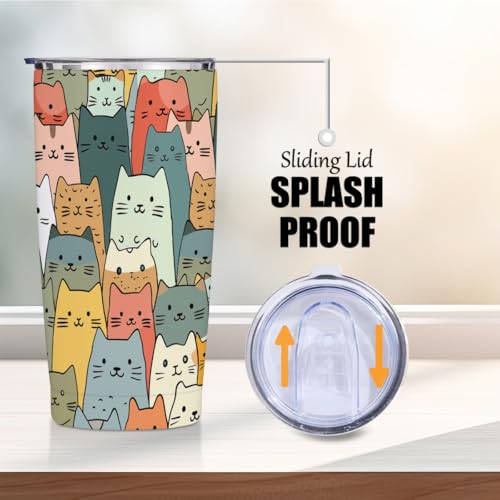 Cute Cat 20 oz Tumbler, Funny Cats Stainless Steel Insulated Water Bottle, Cats Themed Insulated Travel Coffee Mugs, Cat L...