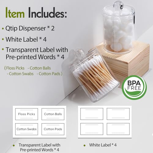 2 Pack Acrylic Qtip Holder Dispenser for Cotton Swabs, Balls, Pads, Floss Picks- Small Clear Plastic Canister Apothecary J...
