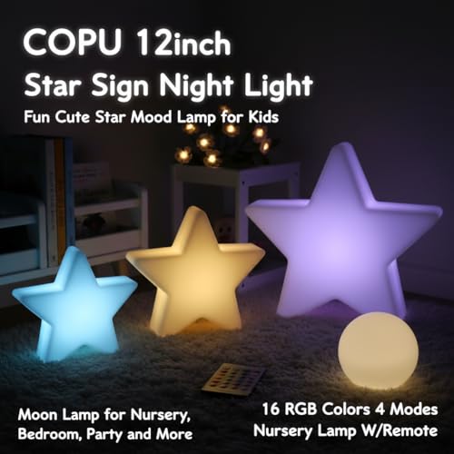 COPU 12-inch LED Star Sign Night Light, Fun & Cute Stars Mood Lamp for Kids, 16 RGB Colors & 4 Modes, Rechargeable, Waterp...