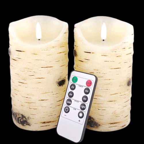 Flameless Candles LED Candles Birch Bark Effect Set of 2 (D:3.25" X H:6") Ivory Real Wax Pillar Battery Operated Candles w...