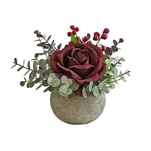 Rosscer Small Artificial Burgundy Rose Potted Plant, 6" Fake Silk Flowers in 3.5" Round Pot, Mini Faux Floral Arrangement ...