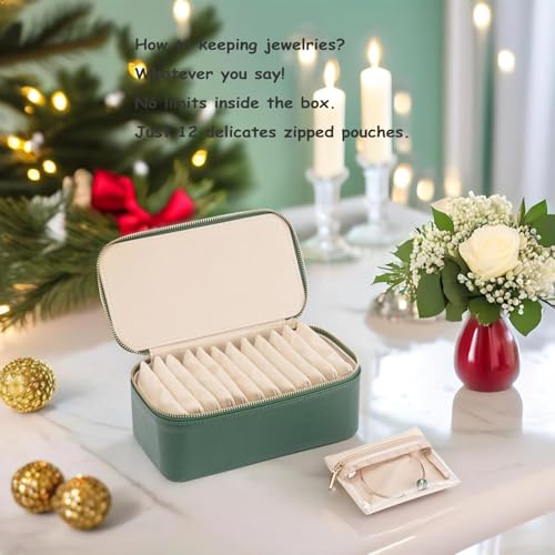 VLANDO Travel Jewelry Box Organizer – Portable PU Leather Jewelry Case with 6/8/12 Zippered Pouches, Compact Storage for E...