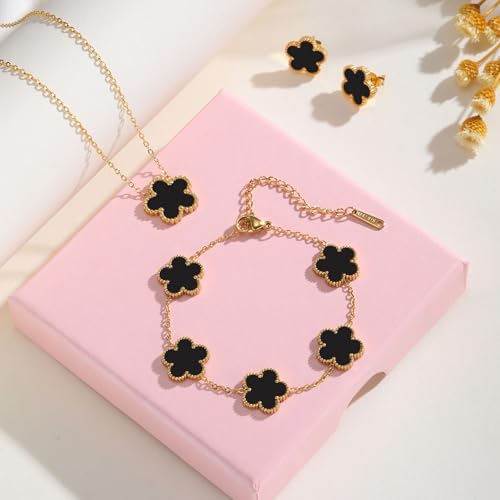 Gold Necklaces Bracelets Earring Set - 18K Gold Plated Flower Bracelet Chain,Stainless Steel Non Tarnish Floral Pendant St...