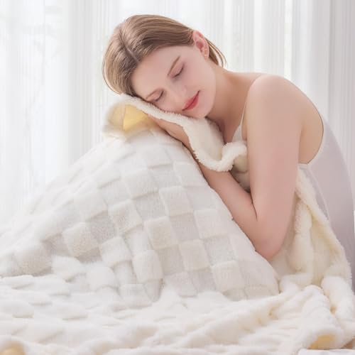 NEWCOSPLAY Super Soft Throw Blanket Ivory Premium Silky Flannel Fleece 3D Checkered Lightweight Bed Blanket All Season Use...