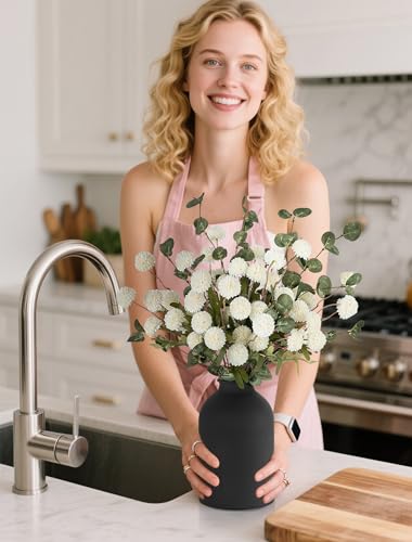 BLOSMON Fake Flowers in Vase for Centerpieces: Metal Vase with 12 Stems of Artificial Mums Kiku Flowers Eucalyptuses Dinin...