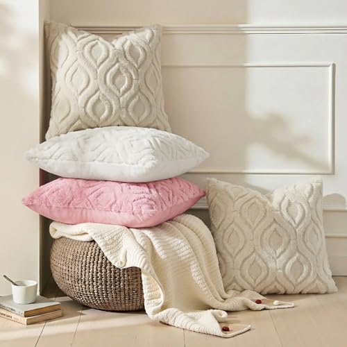 decorUhome Throw Pillow Covers 18x18 Inch Set of 2, Soft Plush Faux Wool Beige Solid Couch Pillow Covers, Accent Farmhouse...