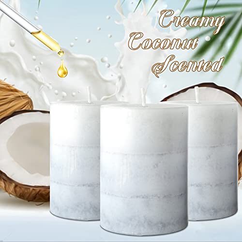 Set of 3 Scented Pillar Candles Creamy Coconut Scented 3" x 4" Long-Lasting Burn Candle White Gray Palette Pillar Candle C...