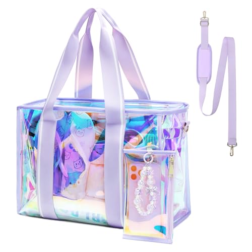 Sisipoet Large Beach Tote Bags for Women, 26L Iridescent Clear Tote Bag, Waterproof Tip-Proof Tote Bag for Beach, Gym