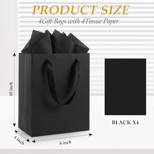 Epoesch Black Small Gift Bags with Handles and Tissue Paper, 8x5x10 Inch 4 Pack Paper Bags for Men, Women, Birthdays Part...