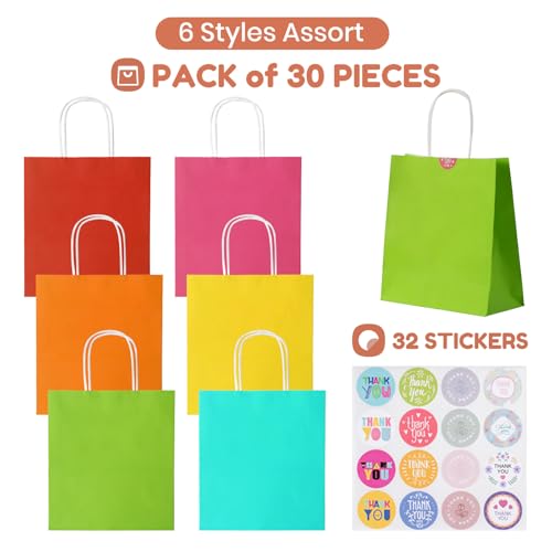Parmedu Small Paper Gift Bags with Handles - 30 Pack 8.7"x3.5"x7.9" Colorful Party Favor Bags Bulk, Gift Bags for Christma...