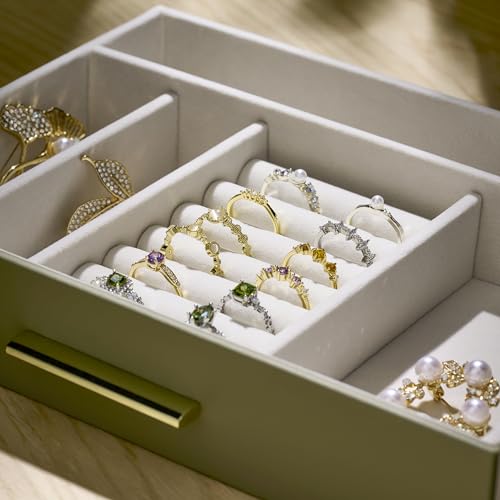 Jewelry Box Organizer Case for Women: 4-Layer Jewelry Storage Case with Glass Window, Olive Green Leather with Cream Velve...