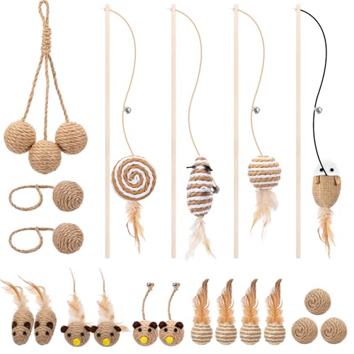 Leitee 20pcs Cat Interactive Toys Set Wooden Cats Teaser Wand Toy with Feather Handle Chew Rope Mouse Sisal Balls with Bel...
