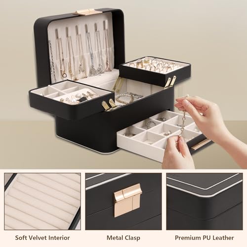 KAMIER Jewelry Box, 3 Layers Jewelry Organizer with Drawers, PU Leather Jewelry Storage Organizer for Earring, Ring, Neckl...