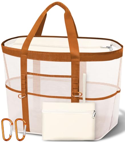 WULIVA 2026 Stylish & Spacious XX-Large Beach Bag for Women – Mesh × Canvas Tote with Top Zipper, 11 Tall Pockets | 40L+ S...