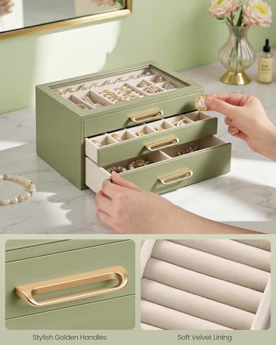 SONGMICS 3-Layer Jewelry Box with Glass Window, Jewelry Storage Organizer with 3 Drawers, Golden Handles, for Rings, Earri...
