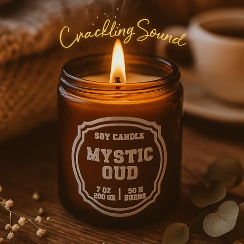 Luxury Soy Candle Gift Set, 4 Pack Amber Glass Jars with Crackling Wooden Wick, Handcrafted Scented Candles, Gift Ready Box