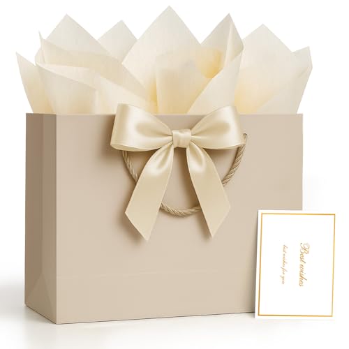 ANZNKU Gift Bags Medium with Handles with Ribbon Card and 2 Tissue Paper, 1 Pcs Cute Champagne Beige Paper Gift Wrap Bag f...