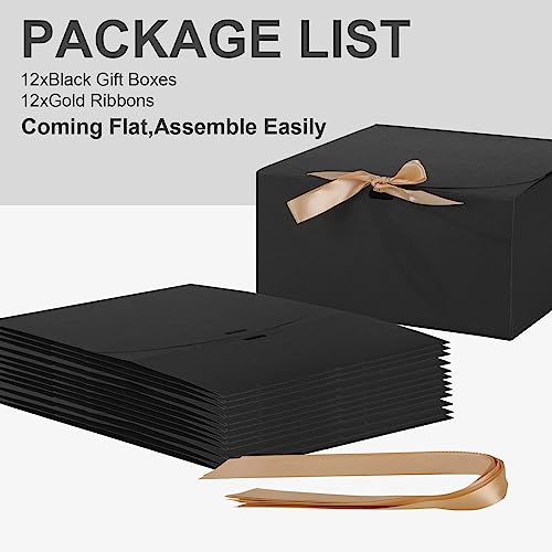 LWYMX 12 PCS Black Gift Boxes with Lids，9.8x7.8x3.9, Bridesmaid Proposal Box with Ribbon, Gift Boxes for Wedding, Christma...