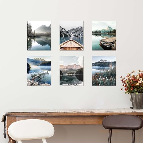 Nature Lake Landscape Wall Art: Unframed Pier Boat Poster Decor Forest Mountain Scenery Prints Photography Relaxing Theme ...