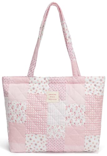 Ecohaso Quilted Tote Bag for Women, Cute Tote Bag with Top Zipper for College Work Travel Casual Shoulder Bag Purse handbags