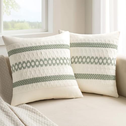 MIULEE Set of 2 Sage Green Boho Decorative Pillow Covers 18x18 Inch Farmhouse Rustic Couch Throw Pillows Modern Summer Cot...