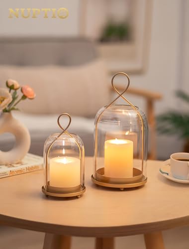 NUPTIO Glass Lanterns Decorative Outdoor: Gold Hurricane Candle Holders for Pillar Candles - Set of 2 Hanging Lantern for ...