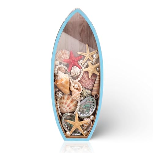 Novabright Coastal Decor Display Box Wooden Surfboard Holder with Clear Window Shell Box Shark Teeth Collection for Seashe...