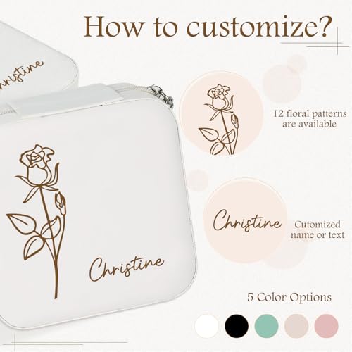 Mothers Day Gifts for Mom, Personalized Jewelry Box - Custom Gifts for Women, Portable Small Travel Case with Birth Flower...
