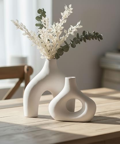 Carrot's Den Donut Vase, Set of 2 - White Large Ceramic Vase - Minimalist Nordic, Hollow | Table Centerpiece, Olive Plant,...