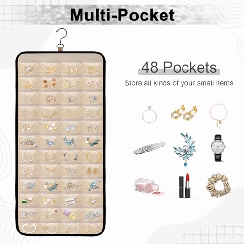 Dynoro Double-Sided Hanging Jewelry Organizer, Large Black Storage Roll for Earrings, Necklaces, Rings, 48 Pockets 21 Hook...